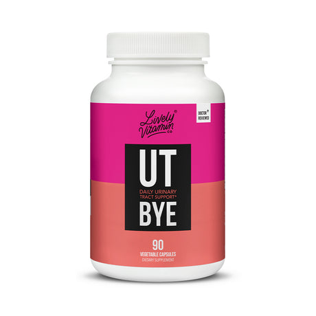 White bottle of Lively Vitamin Co. UT-BYE with a bold pink and coral label, featuring the text “Daily Urinary Tract Support” and “Doctor Reviewed.” Contains 90 vegetable capsules in a dietary supplement formula.