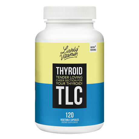 The front label of the Lively Vitamin Thyroid TLC 120 Vegetable Capsules bottle, showcasing the brand logo, product name, and tagline "Tender Loving Cheer Section for Your Thyroid!" in bold typography on a yellow and blue design.