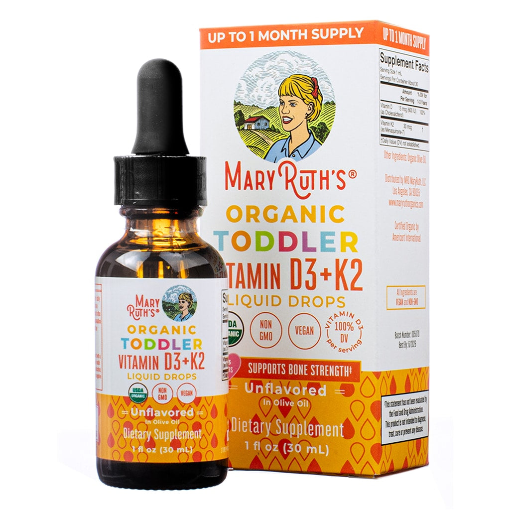 The front of the Mary Ruth's Organic Toddler Vitamin D3 + K2 Liquid Drops, unflavored, designed to support bone strength for toddlers aged 1-3 years. The product is USDA Organic, Non-GMO, Vegan, and comes in a 1 fl oz (30 mL) bottle for up to a 1-month supply.