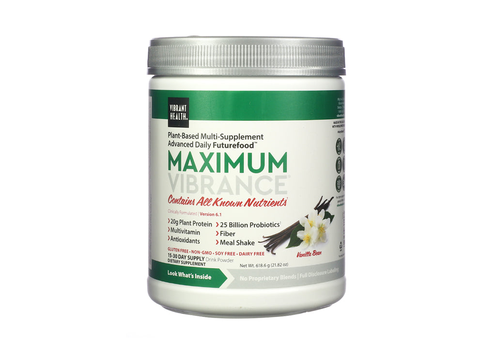 White container of Vibrant Health Maximum Vibrance, a vanilla bean flavored plant-based multi-supplement. The label promotes it as an "Advanced Daily Futurefood" with 20g plant protein, 25 billion probiotics, multivitamins, antioxidants, fiber, and meal shake benefits; gluten-free, soy-free, non-GMO, and dairy-free with a 15–30 day supply of powder.
