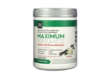 White container of Vibrant Health Maximum Vibrance, a vanilla bean flavored plant-based multi-supplement. The label promotes it as an "Advanced Daily Futurefood" with 20g plant protein, 25 billion probiotics, multivitamins, antioxidants, fiber, and meal shake benefits; gluten-free, soy-free, non-GMO, and dairy-free with a 15–30 day supply of powder.