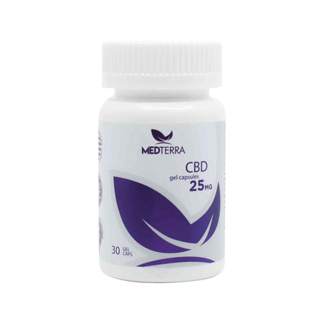 A bottle of Medterra CBD gel capsules with 25mg per capsule. The container has a white and purple design with 30 gel caps inside.