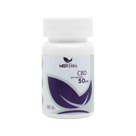 A white bottle of Medterra CBD gel capsules containing 50mg per capsule. The label features a purple leaf design and indicates 30 gel caps per container.