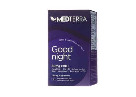 Box of Medterra Good Night capsules featuring a dark purple design with “New & Improved Formula” written at the top. The product contains 50mg CBD+ per capsule along with melatonin, KSM-66 ashwagandha, zinc, magnesium, kava kava, and CBN, with 60 vegan capsules per bottle totaling 1500mg CBD.