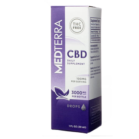 Box of Medterra CBD Daily Supplement Drops with a white and purple design labeled THC Free. The packaging states 100mg of CBD per serving and 3000mg per 1 fl oz (30ml) bottle.