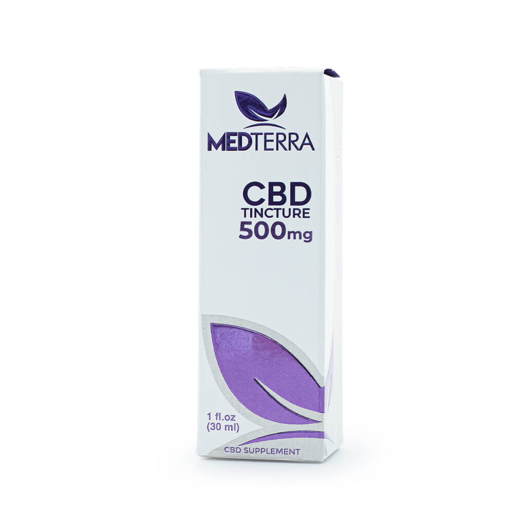 Box of Medterra CBD Tincture with a clean white and purple design. The label indicates 500mg of CBD in a 1 fl oz (30ml) bottle, labeled as a CBD supplement.