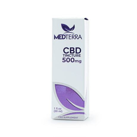 Box of Medterra CBD Tincture with a clean white and purple design. The label indicates 500mg of CBD in a 1 fl oz (30ml) bottle, labeled as a CBD supplement.