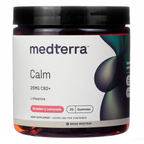 A container of Medterra Calm Strawberry Lemonade CBD gummies. The label highlights 25mg CBD+ with L-theanine per gummy, totaling 500mg per container, and includes 20 broad-spectrum hemp supplement gummies.