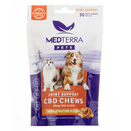 Package of Medterra Pets Calming CBD Chews featuring a photo of a gray cat and a fluffy brown-and-white dog. The label indicates 10mg of CBD per chew, 300mg per bag, and a bacon flavor, with 30 soft chews total. Packaging highlights include THC-free, grain-free, non-GMO, and veterinarian recommended.