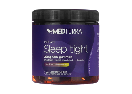 Jar of Medterra Sleep Tight CBD gummies with a dark purple label and black lid. The label highlights 25mg of CBD isolate per gummy with melatonin, a herbal sleep blend, and L-theanine in a blackberry lemonade flavor. The container holds 30 gummies totaling 750mg CBD.