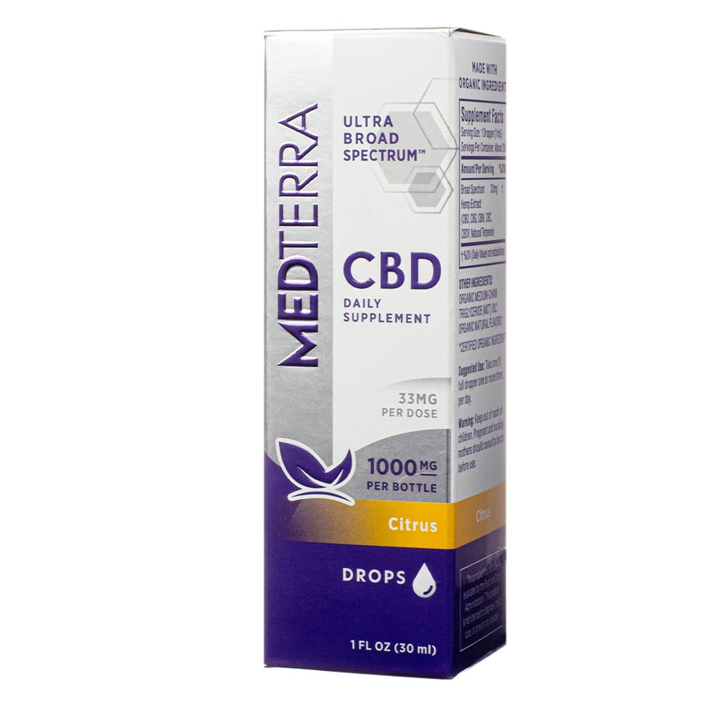 Box of Medterra Ultra Broad Spectrum CBD Daily Supplement Drops in citrus flavor. The label notes 33mg per dose and 1000mg of CBD per 1 fl oz (30ml) bottle.