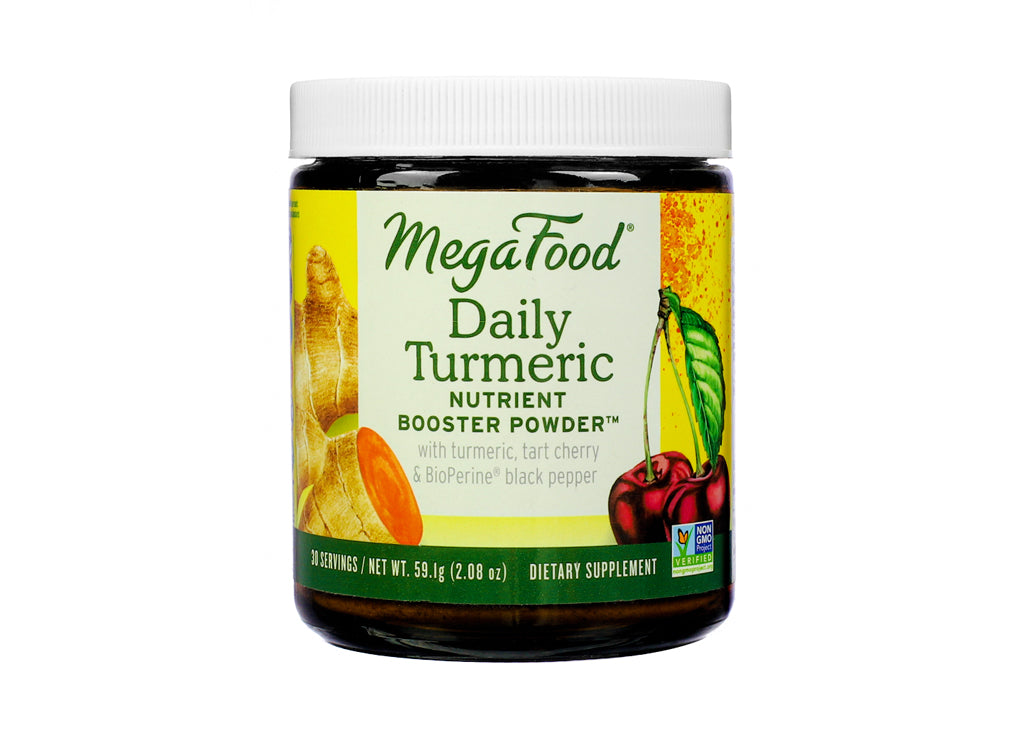 A dark amber jar of MegaFood Daily Turmeric Booster Powder with a white lid and a vibrant label showing turmeric root, tart cherry, and black pepper. Promotes inflammation response and antioxidant support with turmeric, tart cherry, and BioPerine® black pepper extract; includes 30 servings and is Non-GMO Project Verified.