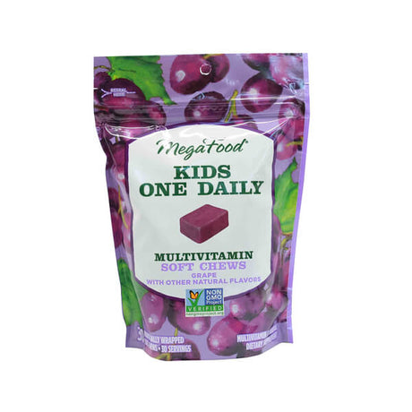 MegaFood Kids One Daily Multivitamin Soft Chews in grape flavor, packaged in a resealable purple pouch with cherry illustrations and a central image of a single chew; labeled with “30 individually wrapped chews” and Non-GMO Project Verified certification.