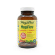 MegaFood MegaFlora Probiotic with Turmeric in an amber glass bottle with a white cap, labeled with "50 billion live cultures" and "14 strains." The label includes health claims for digestive relief and features images of turmeric and plant roots, indicating 90 capsules and 45 servings.