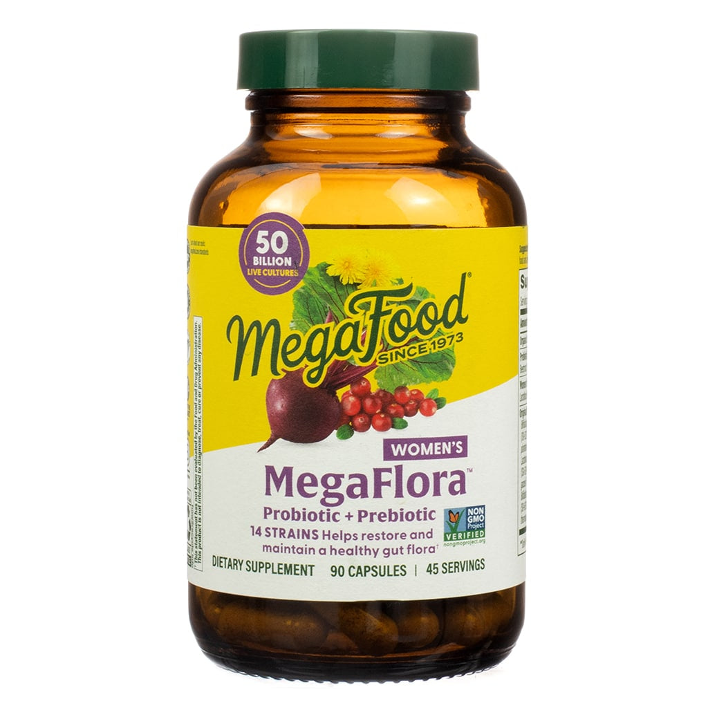 Bottle of MegaFood Women’s MegaFlora Probiotic + Prebiotic containing 90 capsules (45 servings), featuring a label that highlights “50 billion live cultures” and “14 strains.” The label includes images of beets, cranberries, leafy greens, and a dandelion, and claims support for healthy gut flora.