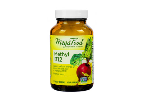 MegaFood Methyl B12 supplement bottle containing 90 tablets, shown with a white cap and amber glass. The label features a beet, broccoli, and other vegetables, with text promoting support for cellular energy production using the active form of B12.