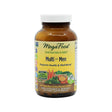 MegaFood Multi for Men dietary supplement in a 120-tablet amber glass bottle with a white cap. The label highlights support for men’s health and well-being, showing colorful produce like carrots, broccoli, and oranges, and notes the formula is doctor-developed with whole food ingredients.