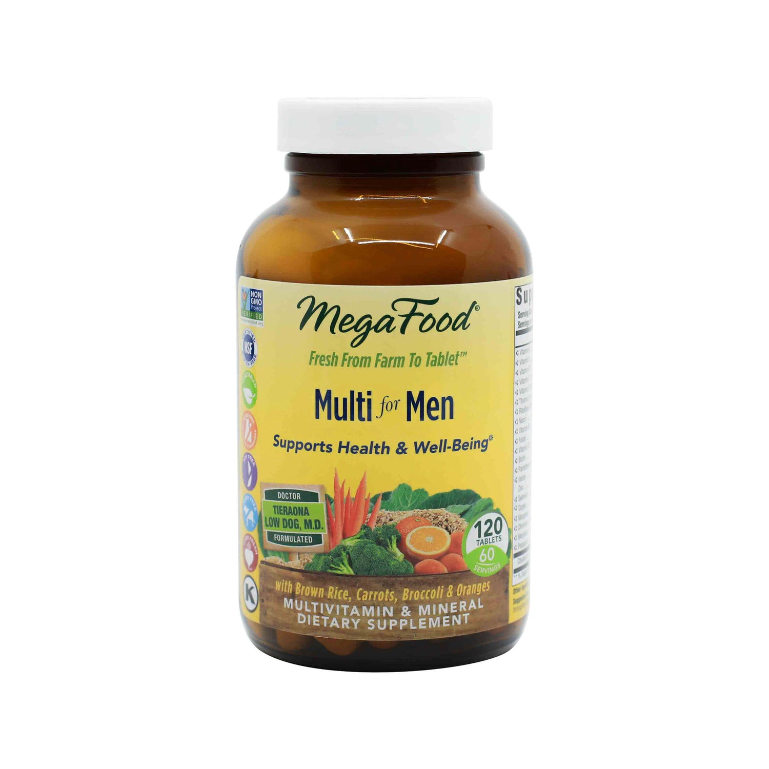 MegaFood Multi for Men dietary supplement in a 120-tablet amber glass bottle with a white cap. The label highlights support for men’s health and well-being, showing colorful produce like carrots, broccoli, and oranges, and notes the formula is doctor-developed with whole food ingredients.