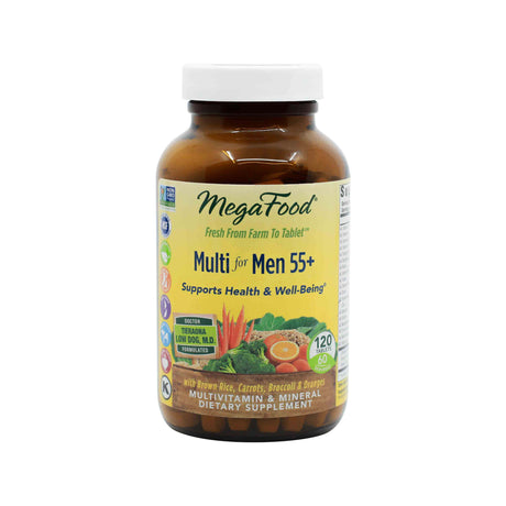 MegaFood Multi for Men 55+ multivitamin bottle with 120 tablets, featuring an amber glass container and white lid. The label promotes health and well-being for men over 55, with visuals of carrots, broccoli, oranges, and brown rice, and highlights doctor-formulated support.