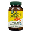 A larger brown bottle of "MegaFood One Daily" multivitamin with 180 tablets, showcasing 22 nutrients plus real food. The label is bright yellow and green with illustrations of carrots, broccoli, celery, and a blueberry, highlighting benefits like immune support, bone health, and energy metabolism.