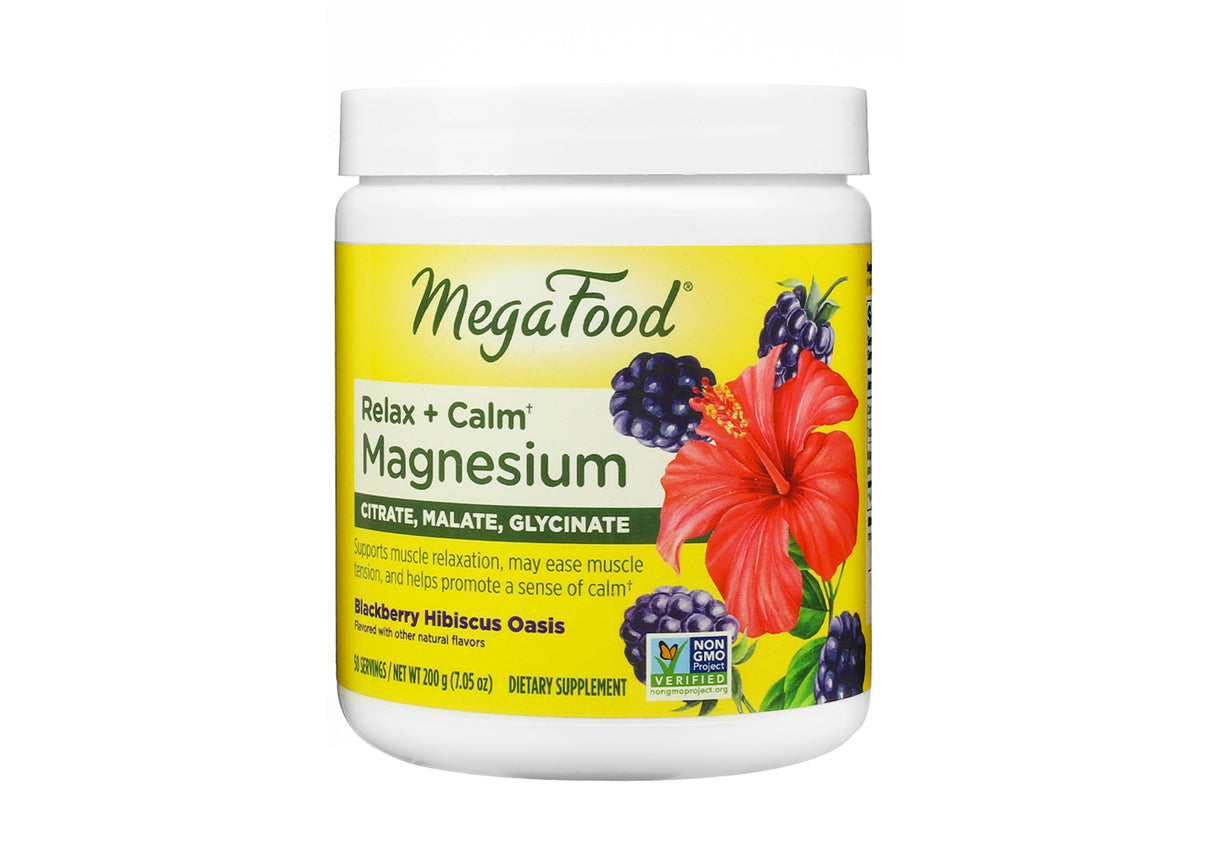 A white tub of MegaFood Relax + Calm Magnesium powder in the Blackberry Hibiscus Oasis flavor. The label highlights ingredients citrate, malate, and glycinate, with a vibrant image of blackberries and a red hibiscus flower. Promotes muscle relaxation and a sense of calm.
