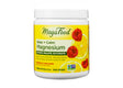 MegaFood Relax + Calm Magnesium powder in a Raspberry Lemonade flavor, packaged in a white tub. The label features raspberries and lemon slices with supplement details emphasizing citrate, malate, and glycinate as key forms of magnesium. Designed to ease tension and support calm.