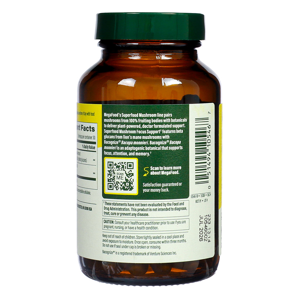 Side label of MegaFood Focus Support, 60 capsules, with product description, usage instructions, and a QR code for more information.
