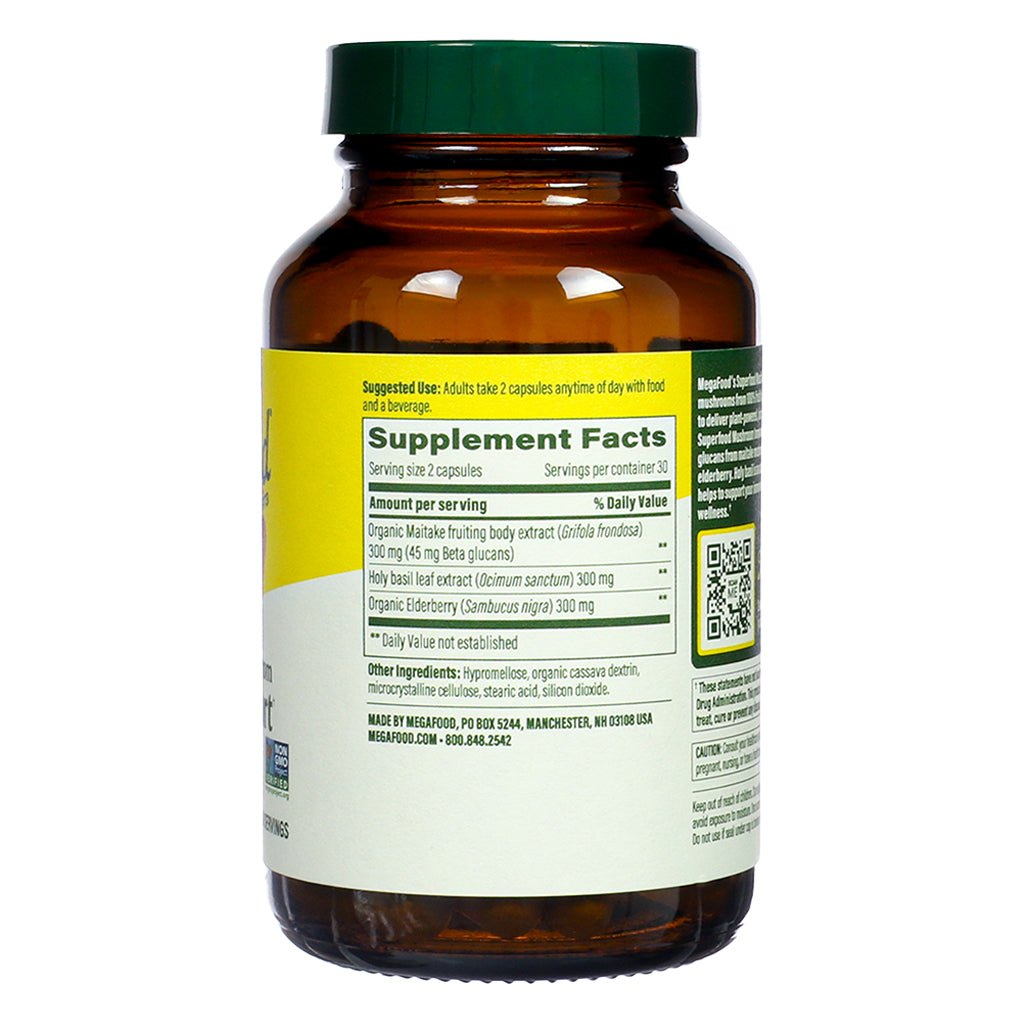 Supplement facts label of MegaFood Immune Support, 60 capsules, detailing ingredients including maitake mushroom extract, holy basil, and elderberry.