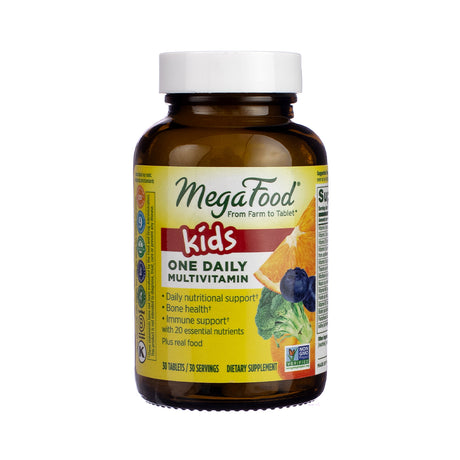 MegaFood Kids One Daily Tablets 30 Tablets, front label showing kid-friendly daily multivitamin in a 30-tablet bottle, featuring whole food-based nutrients.