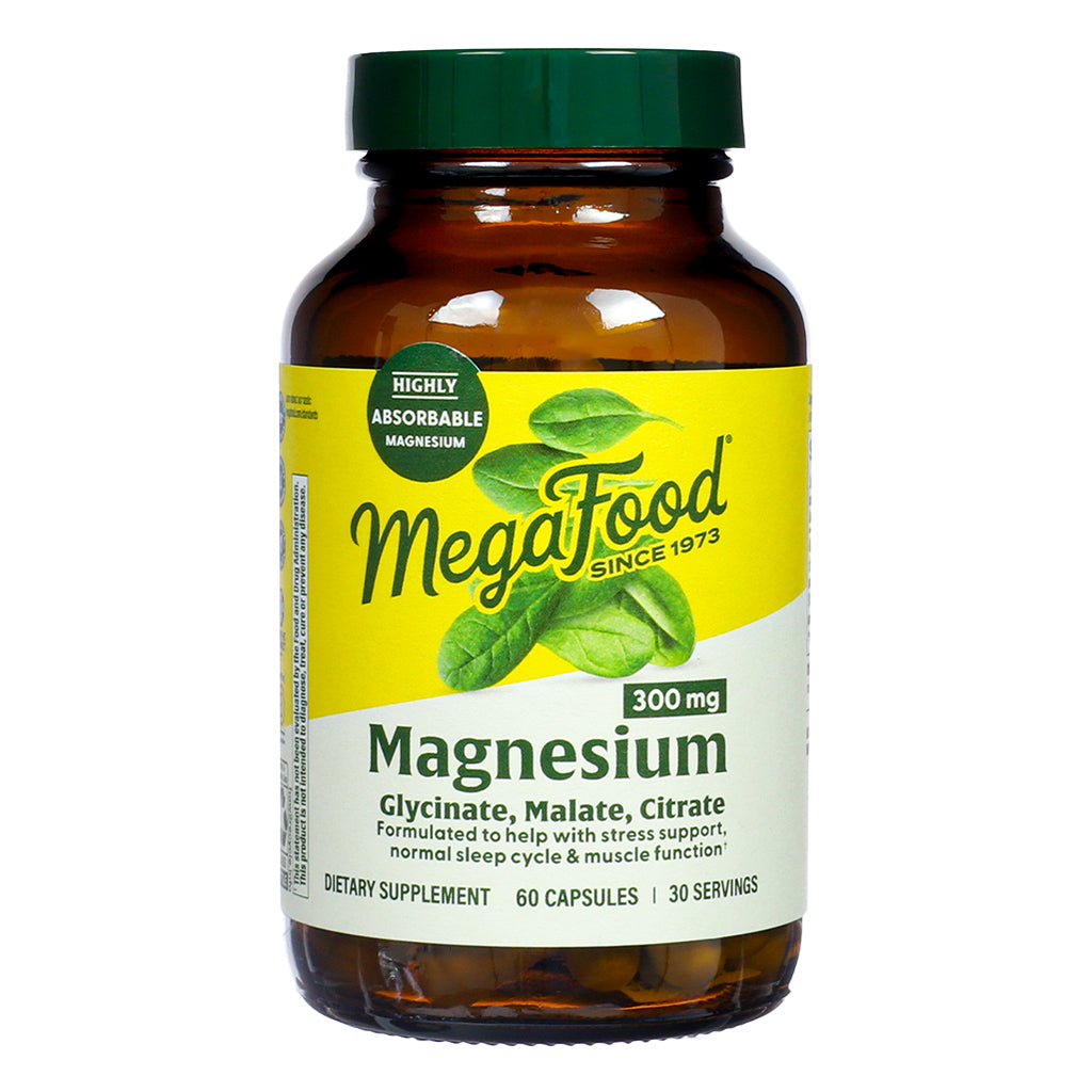 Front label of MegaFood Magnesium 300 mg 60 Capsules, featuring key ingredients Glycinate, Malate, and Citrate, with a green cap and yellow label emphasizing high absorbability.