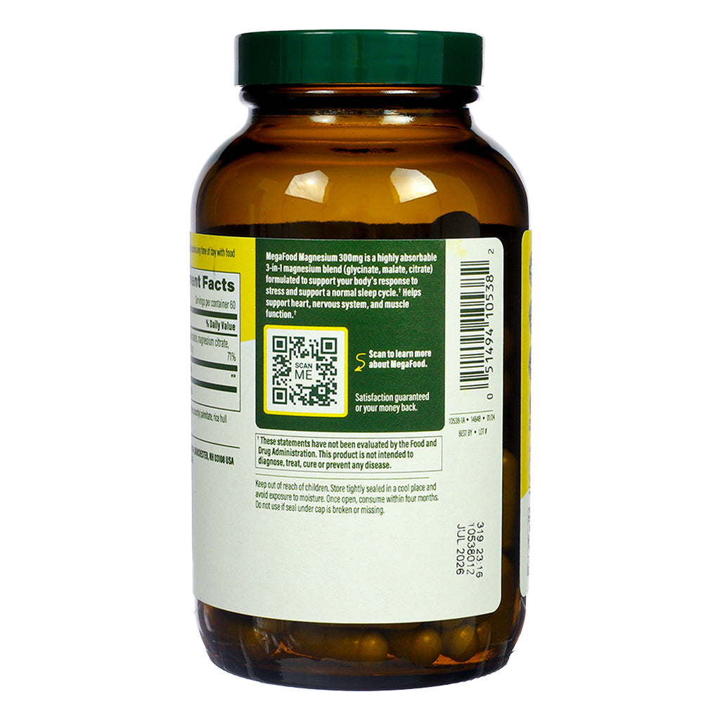Informational panel of MegaFood Magnesium 300mg 120 Capsules, describing product benefits, blend formulation, QR code, and satisfaction guarantee statement.