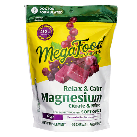 Front label of MegaFood Relax & Calm Magnesium Soft Chews, 60 chews in grape flavor, highlighting doctor-formulated formula with 250 mg magnesium per serving.