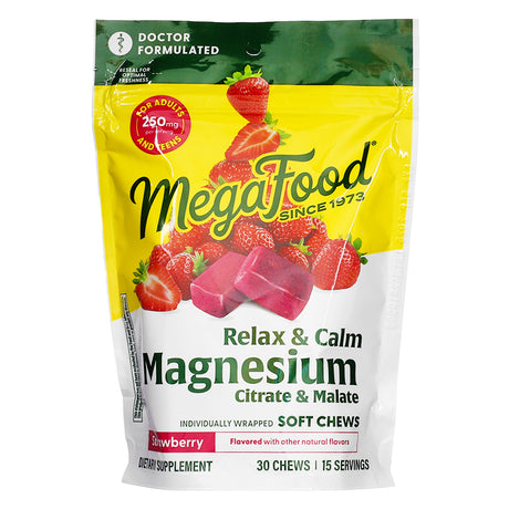 Front label of MegaFood Relax & Calm Magnesium Soft Chews, 30 chews in strawberry flavor, highlighting 250 mg of magnesium per serving for relaxation support.