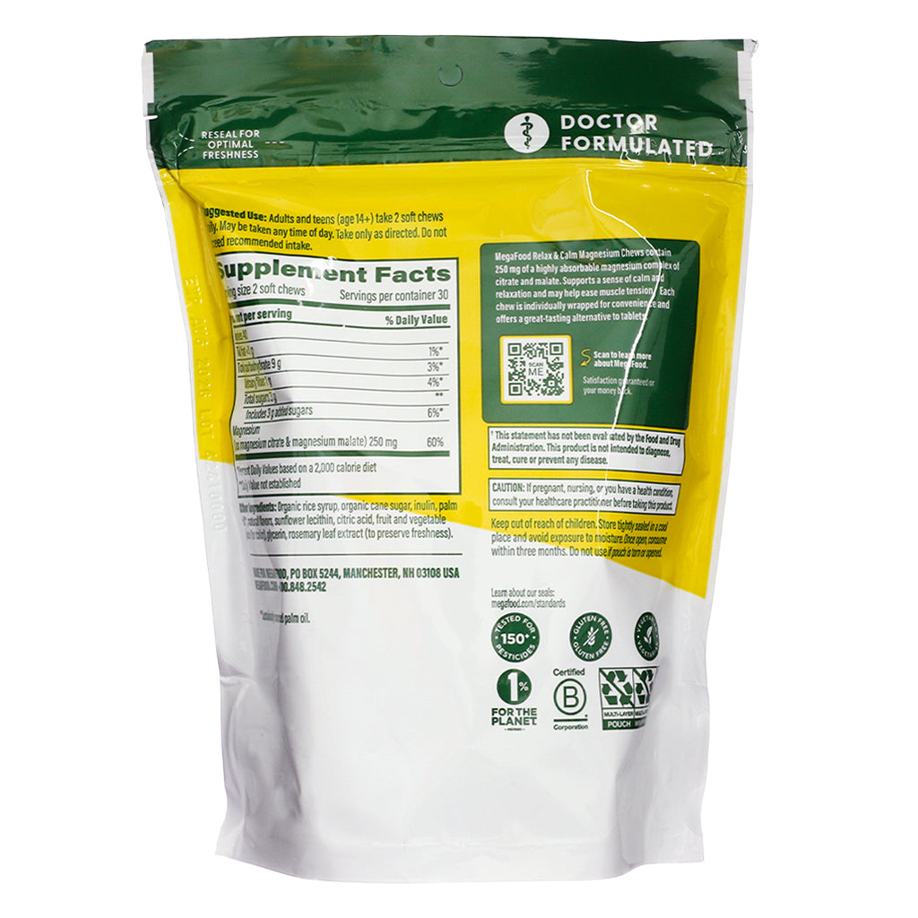 Supplement facts and back label of MegaFood Relax & Calm Magnesium Soft Chews, 60 chews in grape flavor, detailing nutrition facts, directions, and ingredients.