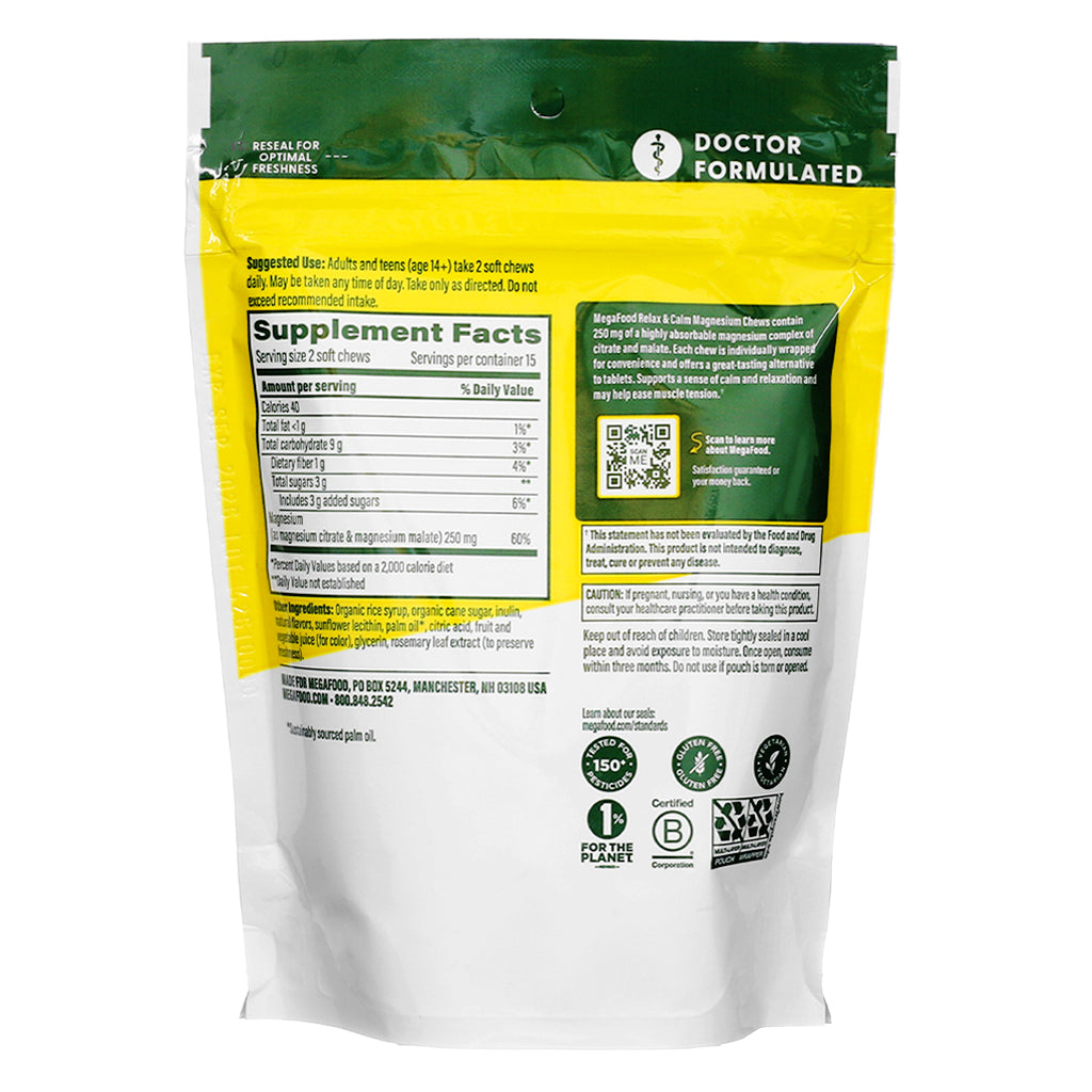 Supplement facts and back label of MegaFood Relax & Calm Magnesium Soft Chews, 30 chews in strawberry flavor, listing nutrition details and product description.