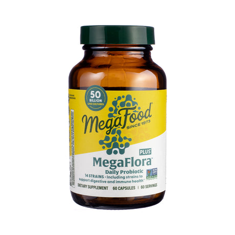 MegaFood MegaFlora® Plus Capsules, front label showcasing a high-potency probiotic supplement for digestive and immune support.