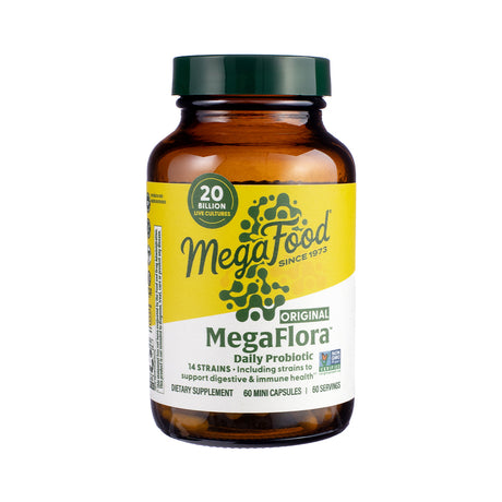 MegaFood MegaFlora® Probiotic Original Capsules 60 Capsules, front label highlighting gut health probiotic blend in a 60-capsule format.
