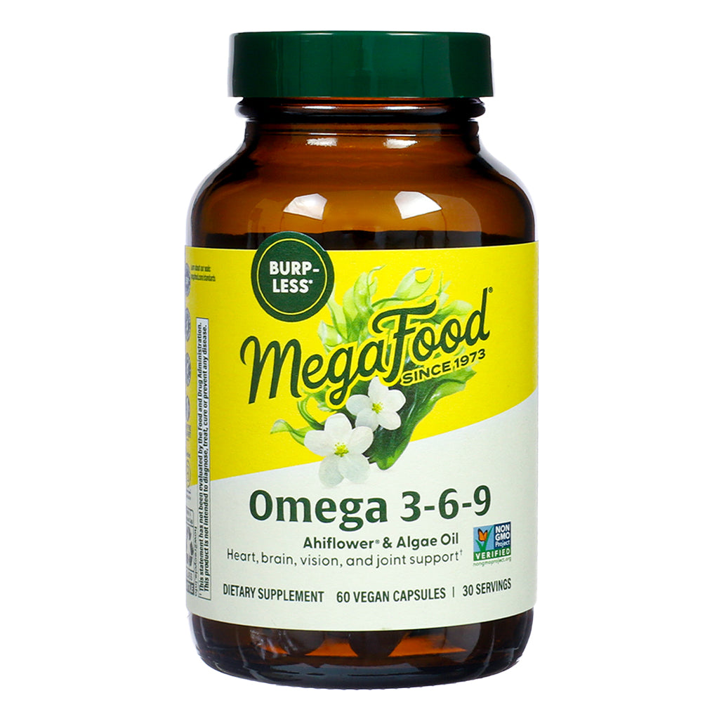 Front label of MegaFood Omega 3-6-9, 60 vegan capsules, highlighting Ahiflower and algae oil with heart, brain, vision, and joint support benefits.