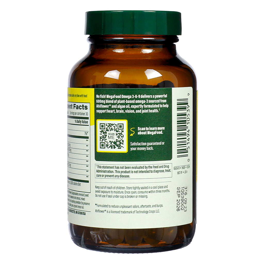 Side label of MegaFood Omega 3-6-9, 60 vegan capsules, featuring product description, health benefit claims, QR code, and manufacturer information.