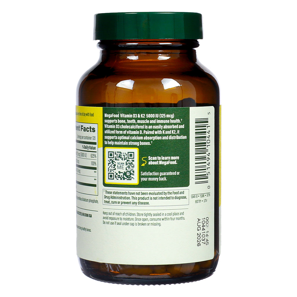Informational side panel of MegaFood Vitamin D3 & K2 5000 IU 120 Mini Capsules, describing product benefits for bone and immune support and featuring a QR code for more info.