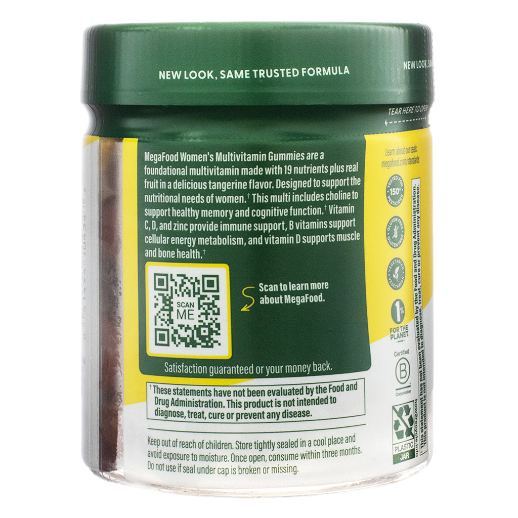 The back label of MegaFood Women’s Multivitamin Gummies, 60-count, Tangerine flavor, highlighting key product benefits. The label describes 19 essential nutrients plus real fruit, formulated to support brain, immune, and bone health. It includes vitamins C, D, and zinc for immune function, B vitamins for energy metabolism, and choline for cognitive support.