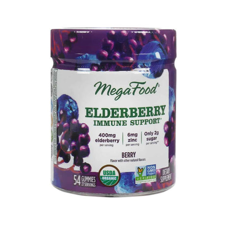 Purple jar of MegaFood Elderberry Immune Support gummies with images of elderberries and blueberries. The label highlights 400mg elderberry, 6mg zinc, and only 2g sugar per serving. Includes 54 gummies (27 servings), USDA Organic and Non-GMO Project Verified, in a berry flavor.