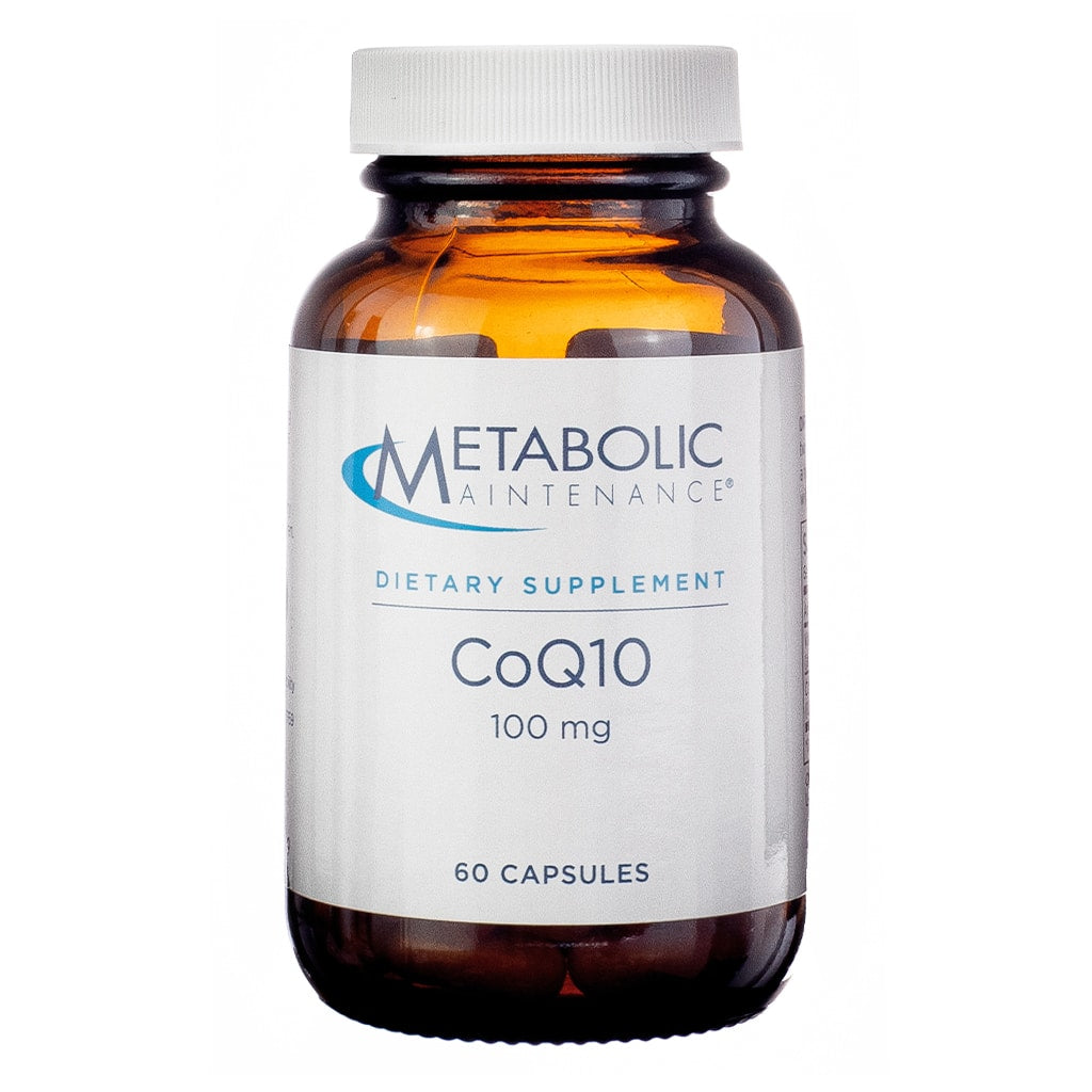 A brown glass bottle of Metabolic Maintenance CoQ10, containing 60 dietary supplement capsules, supports cellular energy and heart health.
