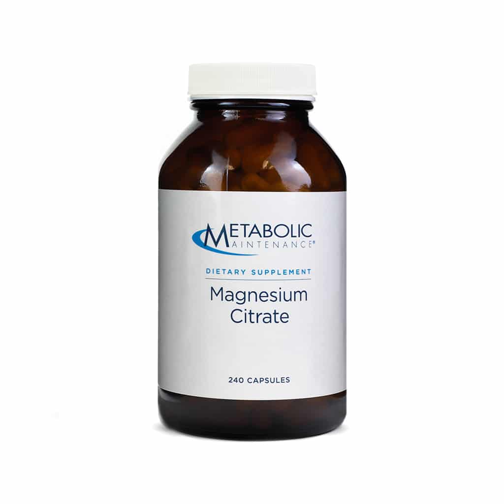 A brown glass bottle of Metabolic Maintenance Magnesium Citrate dietary supplement, containing 240 capsules. The bottle has a white screw cap and a clean white label with blue and black text, featuring the brand’s logo and product details.