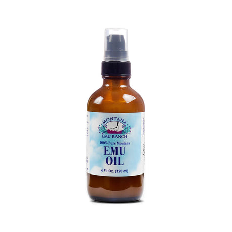 Brown spray bottle labeled "Montana Emu Ranch 100% Pure Montana Emu Oil." The label includes an illustration of an emu and states the product contains 4 fl. oz. (120 ml).