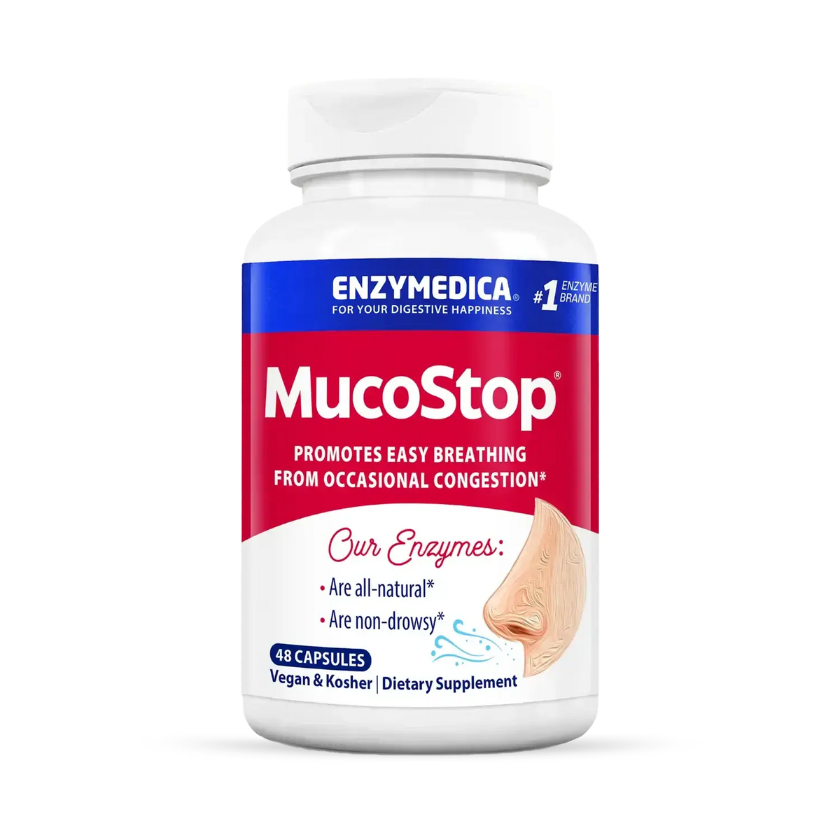 Enzymedica MucoStop 48 capsules bottle with red and blue label, enzymes that promote easy breathing