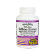 A white bottle of Natural Factors 100% Pure Saffron Extract dietary supplement containing 60 vegetarian capsules. The label highlights clinically researched benefits for improving mood, relieving stress, and supporting relaxation.