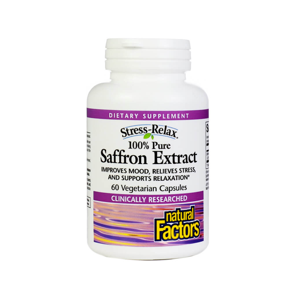 A white bottle of Natural Factors 100% Pure Saffron Extract dietary supplement containing 60 vegetarian capsules. The label highlights clinically researched benefits for improving mood, relieving stress, and supporting relaxation.