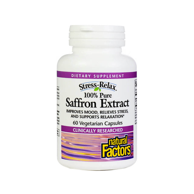 A white bottle of Natural Factors 100% Pure Saffron Extract dietary supplement containing 60 vegetarian capsules. The label highlights clinically researched benefits for improving mood, relieving stress, and supporting relaxation.