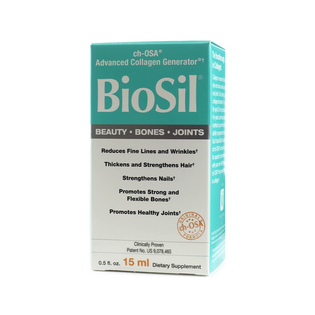 Smaller box of BioSil Collagen Generator supplement (15 ml), labeled for beauty, bones, and joints support with patented ch-OSA formula.
